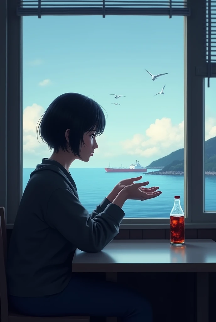 A picture of a Japanese woman holding out her palms here with hand power 。 The hairstyle is a short senior with black hair 。Sadness。 quietly staring at the afternoon sea seen from the restaurant window 。Quiet restaurant。
Sit by the window 。You can also see...