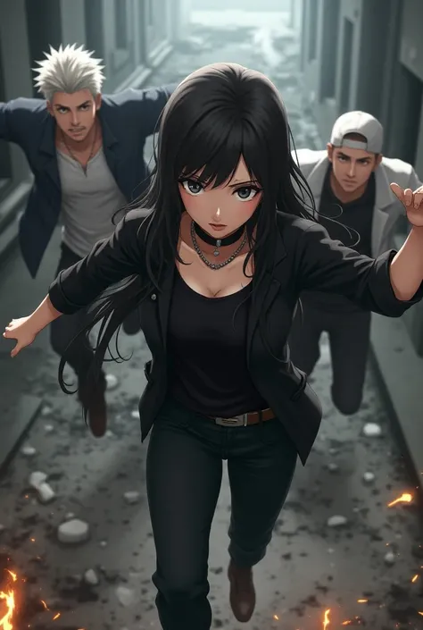  Create me a realistic anime picture with 3 adults , attractive characters .  The woman should wear long dark hair and a black collar.   The other two should be men . One with white hair  . The second should wear a cap .  The scene in a jump and run scene ...