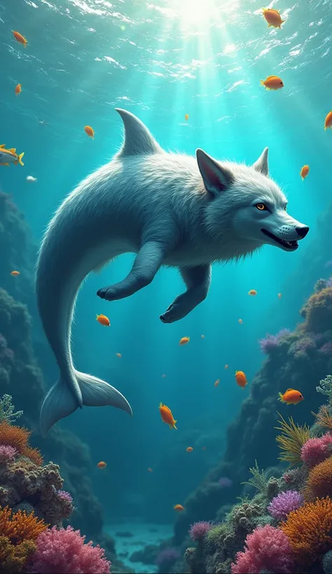 Wolf-Dolphin Hybrid: An aquatic wolf with a sleek dolphin-like body, finned tail, and powerful front paws. It glides gracefully through the ocean with a wolfish grin, surrounded by colorful coral reefs and schools of fish.