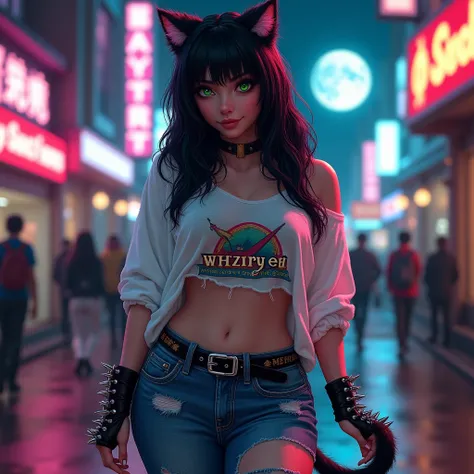 cute catgirl, 29 years old, curvy figure, long black hair, medium length tail covered in fluffy black fur, neon green eyes, flirty pose, loose white cotton shirt with a retro 80s design, bare midriff, acid washed blue jeans with holes in the knees, black l...