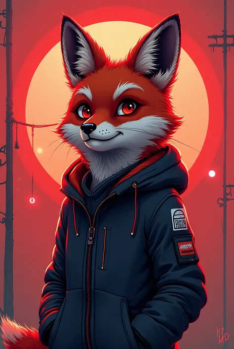 Rédigerle nom de mon entreprise "LilFox" in art mode and in the gaP of the O there is a cyberpunk fox in illustration

