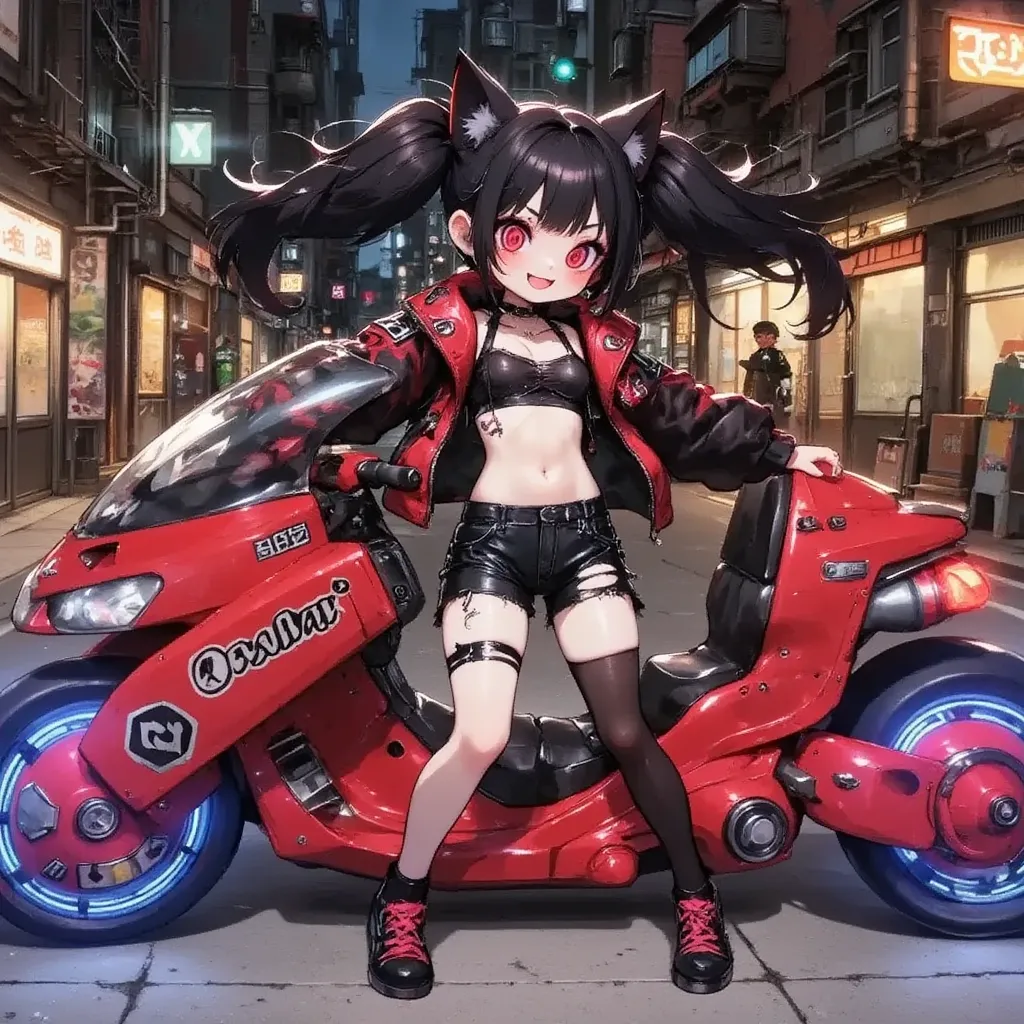 1girl,Sitting,Akira Bike,Lean back,Put your foot forward,(sexy and seductive pose:1.3),Black goth punk fashion,Teenage Girl,Long Hair,Cat ears and tail,Large scooter,Very low seat,Low vehicle height,One step ahead,Akira Bike,high resolution,masterpiece,high quality, 
(Photorealsitic:1.4),Raw photo,(super realistic details),portlate,Shadow,Beautiful Skin,detailed face and eyes,Glossy lips,female curvy beauty,Striking contrast,8K,ultrasharp,Akira Bike Red,cycling,neon Cyberpunk Cities