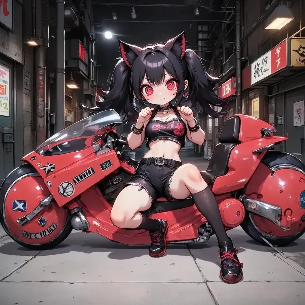 1girl,Sitting,Akira Bike,Lean back,Put your foot forward,(sexy and seductive pose:1.3),Black goth punk fashion,Teenage Girl,Long Hair,Cat ears and tail,Large scooter,Very low seat,Low vehicle height,One step ahead,Akira Bike,high resolution,masterpiece,high quality, 
(Photorealsitic:1.4),Raw photo,(super realistic details),portlate,Shadow,Beautiful Skin,detailed face and eyes,Glossy lips,female curvy beauty,Striking contrast,8K,ultrasharp,Akira Bike Red,cycling,neon Cyberpunk Cities