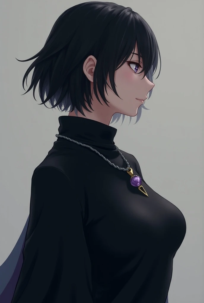  A fair-skinned Jujutsu sorceress ,  short black hair at chin length , and has light purple eyes .  She wears a black high-neck shirt ,  long sleeve and has medium breasts .  She wears a pendulum around her neck that is a simple gray rope with a small crys...