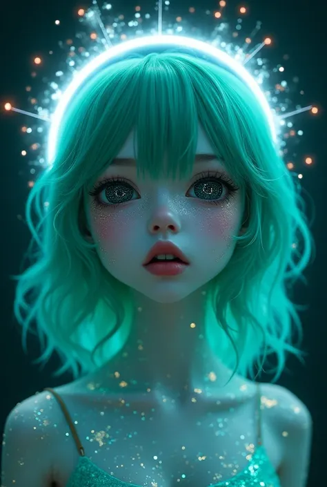 full body portrait, neon green-blue hair with gradient, thin girl with pale skin covered with sequins and a scattering of constellations, A white iridescent magical sublime halo nimbus, blind eyes with black whites of the eyes and a pattern of the moon and...