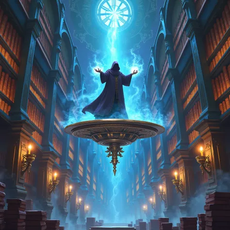 DnD art .  Magic platform ,  library that lifts the magician into the blue air. hovers in the air.  In the background, there is a magical . 