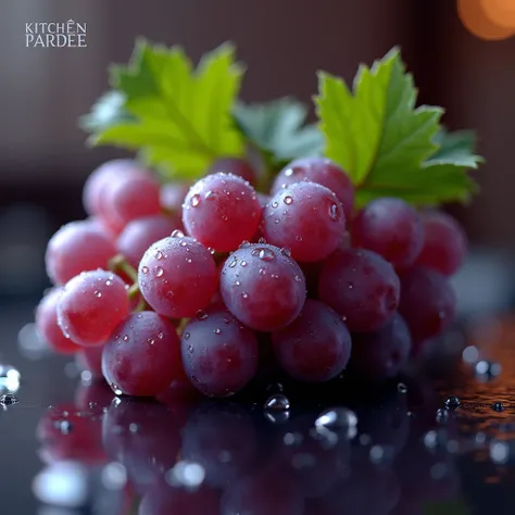 create a close-up image of fresh violet grape, covered in water droplets, set against a luxury dining room background with the name "Kitchen Pardee" on the wall. The scene is filled with bokeh and droplets in the air and on the reflective surface below. Th...