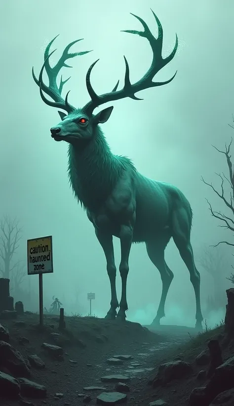 Visualize a massive, ghostly stag with spectral, bluish-green fur that appears almost transparent, standing atop a barren hill covered in ash and ruins. Its twisted antlers are dark and jagged, tipped with glowing embers, and its eyes are hollow, filled wi...