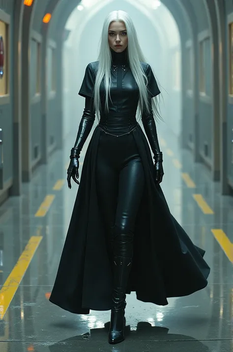 Cyberpunk nun ,  robotic arms ,  white hair ,  menacing look and heels,  full body image , not so realistic style . 
