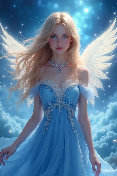 A teenage girl with blond hair and blue eyes A blue angel costume with glitter and star