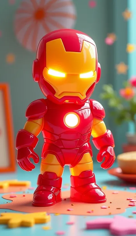 Ultra-realistic 4K image of a stretchy, transparent, and bouncy jelly version of the superhero Iron Man, placed on a colorful, -friendly table. The jelly character has bright red and gold hues with semi-translucent details that mimic Iron Man’s iconic armo...