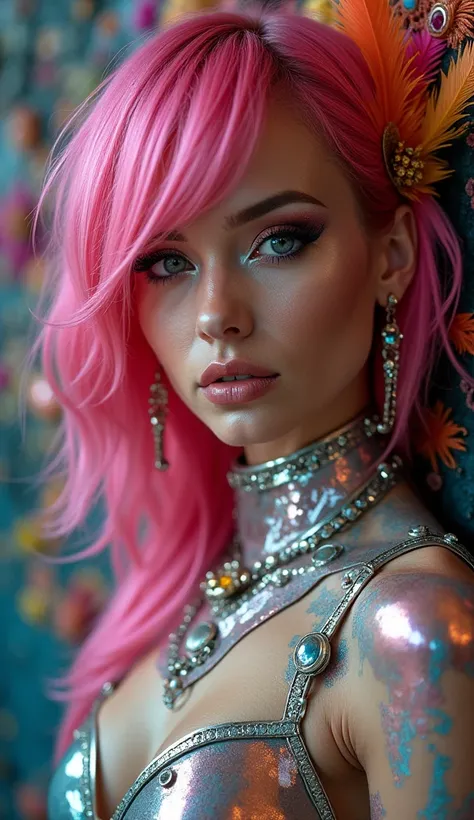 a close up of a woman with pink hair wearing a bodysuit, inspired by Hedi Xandt, the super hot and sexy, by Hedi Xandt, ana de armas, see through dress, pink body, yelena belova, bubblegum body, chrome bodysuit, olga buzova, very sexy, sexy look, sexy gaze...