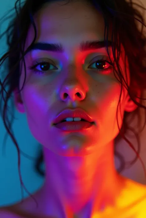 **A Cuban model captured in a spectral edge portrait, where chromatic aberration causes colors to split at the edges. Use contrasting violet and yellow to enhance the prism effect and create a surreal, dreamlike, raw style image**