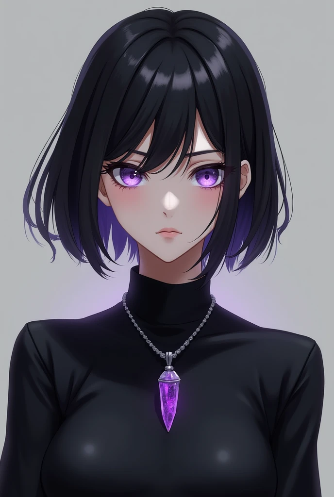  A fair-skinned Jujutsu sorceress ,  short black hair at chin length , and has light purple eyes .  She wears a black high-neck shirt ,  long sleeve and has medium breasts .  She wears a pendulum around her neck, which is a simple gray rope with a small cr...