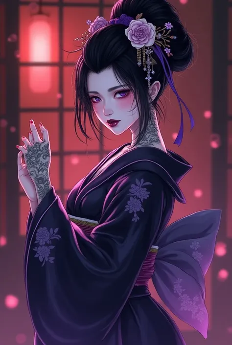 anime webtoon 2d art, a demonic geisha, an elegant slender thin body covered with abstract drawings and tattoos, a thin angular face with pronounced cheekbones, colored ribbons in her hair, a frank traditional Asian black and violet yukata dancer outfit wi...