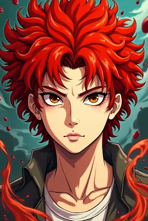 A person with red curly hair, fringe, white pele,  brown eyes, in JoJo