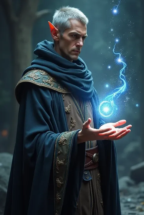 a tall adult elf, short hair, With the appearance of indifference ,  medieval clothes with cosmic features and three mini shooting stars swirling in the palm of your hand like a spell