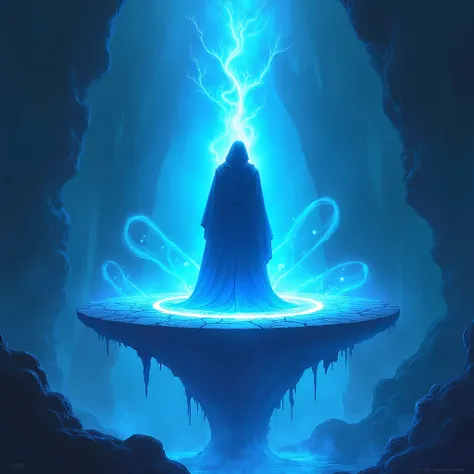 DnD art .  A small magic platform made of blue light, that lifts the magician into the air . hovers in the air.  In the background, there is a magical . 