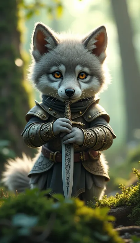 Wolf cub in elf armor with a dagger in its snout