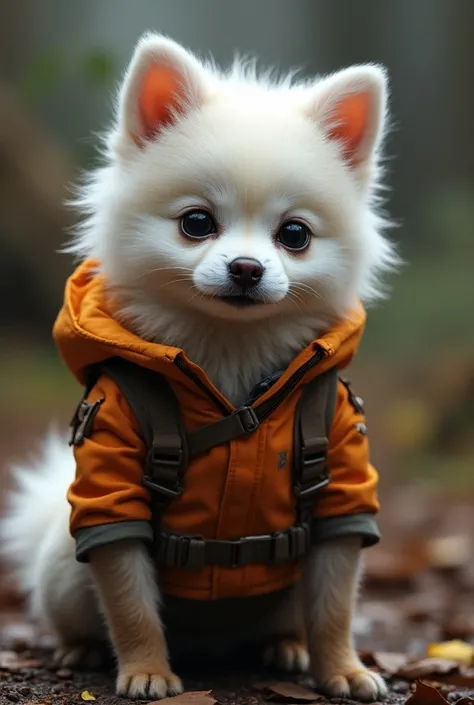 Create a person of a white Pomeranian dog but that is similar to Rocket from Guardians of the Galaxy. The character must be a humanoid type and remember to take the film as a reference to the Guardians of the Galaxy