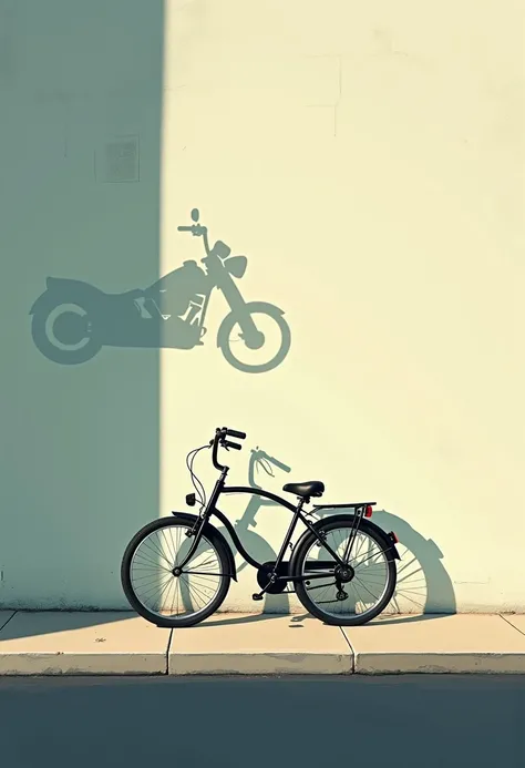 An illustration of a simple bicycle parked on a quiet street, with its rider absent. The scene is minimalistic, with soft, muted colors and gentle lighting, setting a calm and almost nostalgic mood. However, on the wall behind the bicycle, its shadow takes...