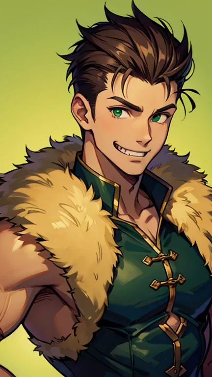 Adult male, muscular frame, human, olive tan skin, dark brown hair, medium length hair, spiky pompadour hairstyle, green eyes, sharp teeth, smiling, whole body, wearing fluffy jacket, rolled sleeves