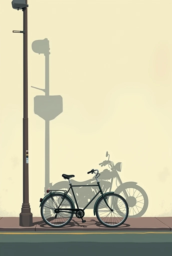 An illustration of a simple bicycle parked on a quiet street, with its rider absent. The scene is minimalistic, with soft, muted colors and gentle lighting, setting a calm and almost nostalgic mood. However, on the wall behind the bicycle, its shadow takes...