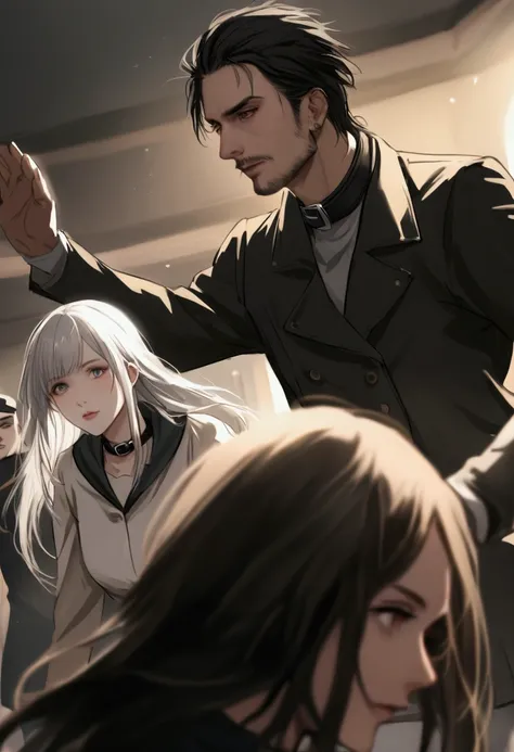  Create me a realistic anime picture with 3 adults , attractive characters .  The woman should wear long dark hair and a black collar.   The other two should be men . One with white hair  . The second should wear a cap .  The scene in a jump and run scene ...