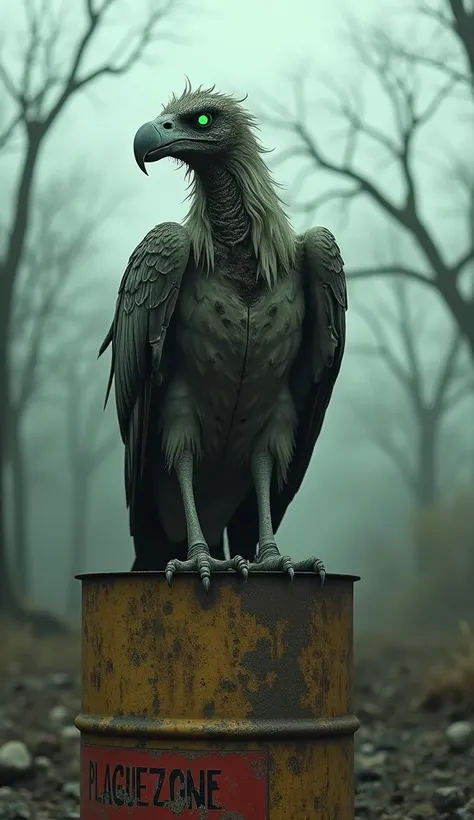 Imagine a decayed, zombie-like vulture perched ominously on a rusted, biohazard-marked barrel that reads "PLAGUE ZONE." The vulture’s feathers are sparse and ragged, revealing patches of necrotic, grayed skin and bones. Its beak is cracked and stained, and...