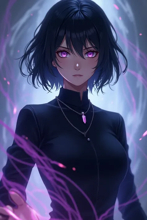  A fair-skinned Jujutsu sorceress ,  short black hair at chin length , and has light purple eyes .  She wears a black high-neck shirt ,  long sleeve and has medium breasts .  She wears a pendulum around her neck, which is a simple gray rope with a small cr...