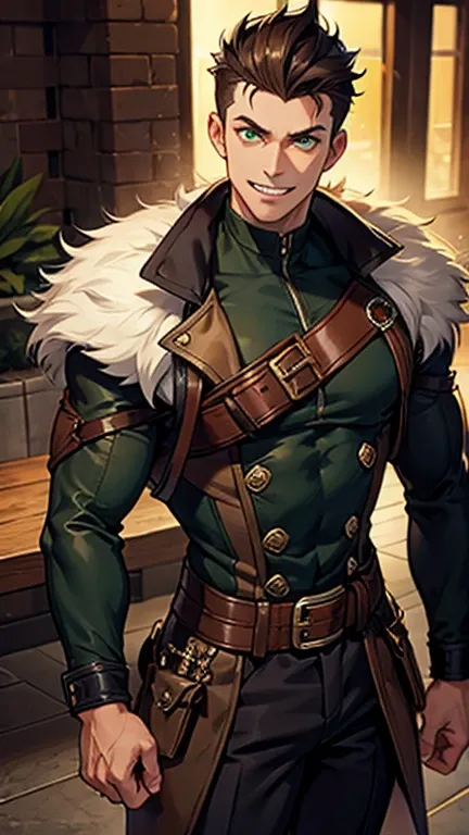 Adult male, muscular frame, human, olive tan skin, dark brown hair, medium length hair, spiky pompadour hairstyle, green eyes, sharp teeth, smiling, whole body, wearing fluffy black jacket, rolled sleeves, 