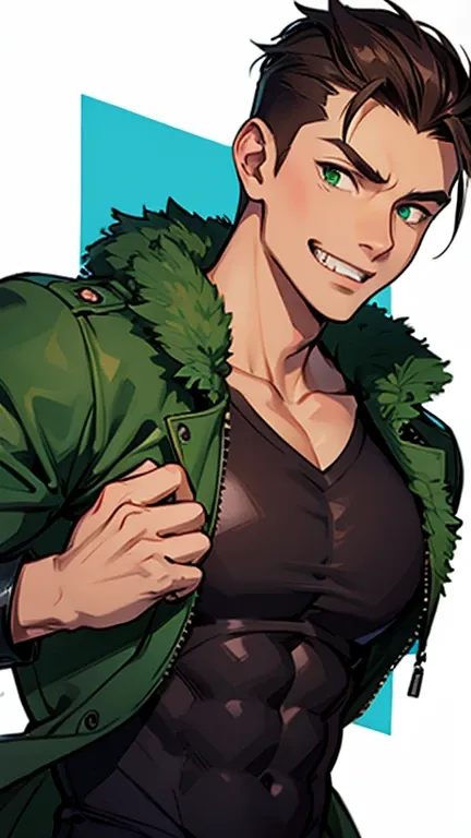 Adult male, muscular frame, human, olive tan skin, dark brown hair, medium length hair, spiky pompadour hairstyle, green eyes, sharp teeth, smiling, whole body, wearing fluffy black jacket, rolled sleeves, 