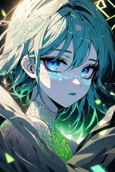 anime webtoon 2d art, full body portrait, neon green-blue hair with gradient, thin girl with pale skin covered with sequins and a scattering of constellations, A white iridescent magical sublime halo nimbus, blind eyes with black whites of the eyes and a p...