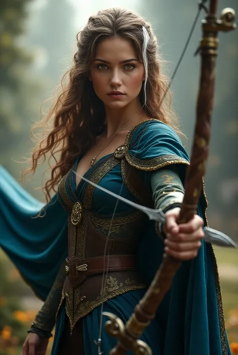 Create a half elf , with golden eyes,  she has long curly brown hair with a white lock,  she wears a blue and gold cape , she is medieval,  has an enchanted bow and arrow ,  a dagger on her belt 