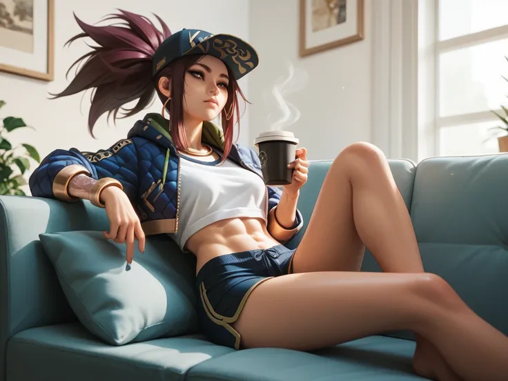 Akali, on the couch, having a coffee, skin kda