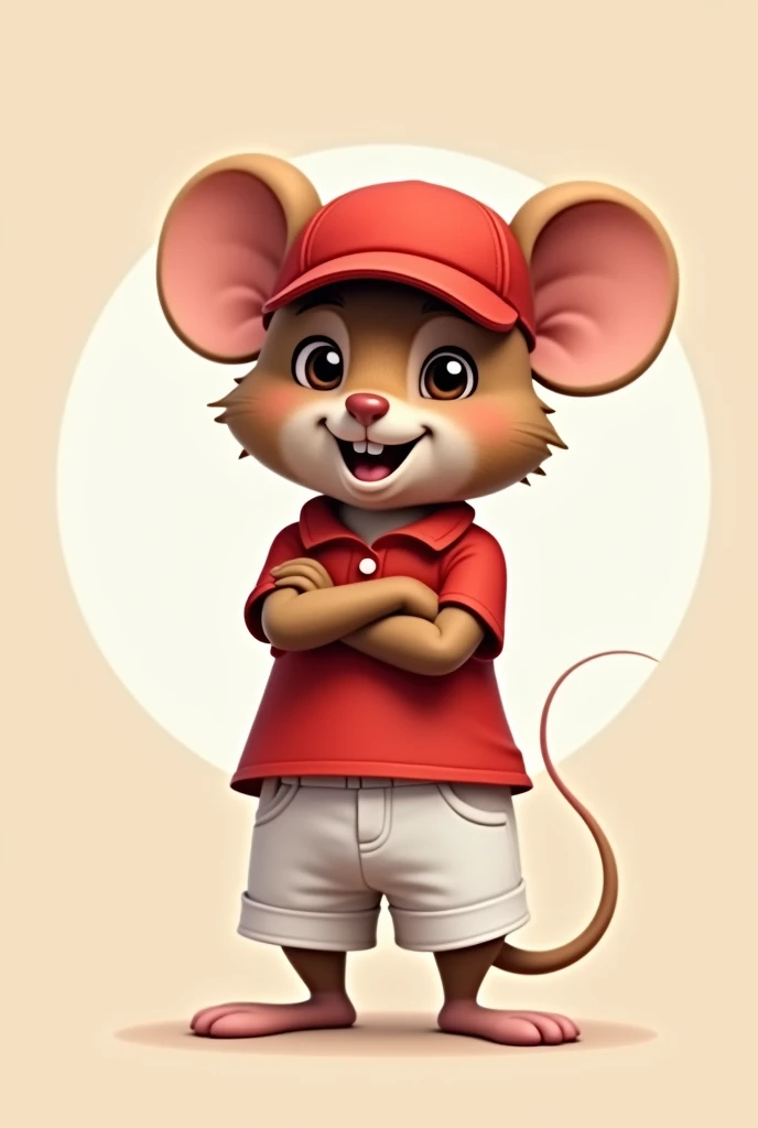 The image is a  illustratration 2.5d look of a mouse  wearing a red baseball cap with polo red t-shirt and white shorts. The bear is standing with its arms crossed in front of it and has a big smile on its face. The background is a light beige color with a...