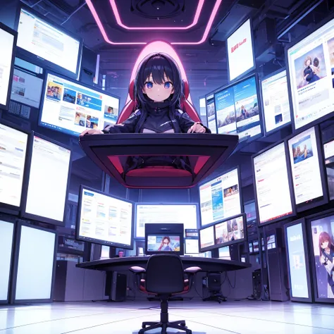  no people,4 large monitors, angle from the front , futuristic room