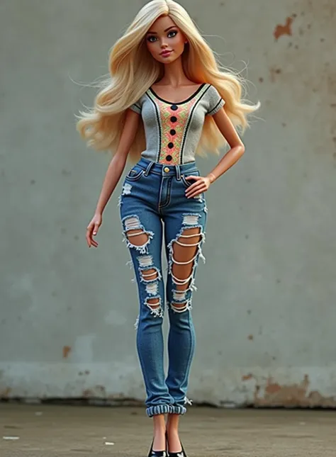  A realistic blonde Barbie doll  , long hair,  she wears ripped blue crochet pants and a single front blouse in colored vertical crochet, She wears black shoes  