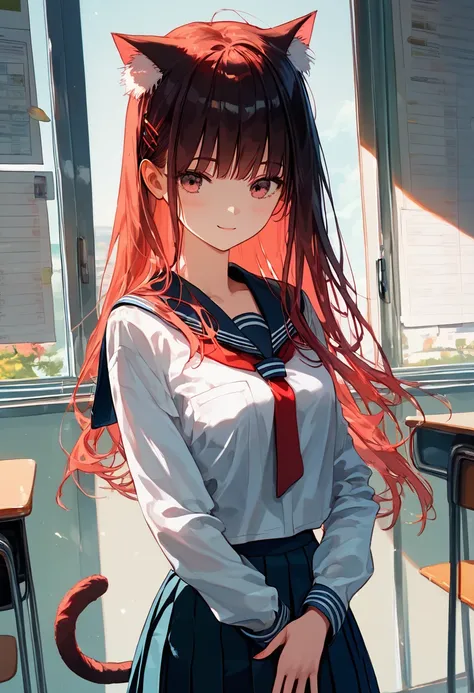 Score_9,Score_8_up,Score_7_up,highest quality anime,professional products,super detailed,attention to details,masterpiece,high-resolution,absurd,1 cat girl,slim,(black_long_hair,straight_bangs:1.2),(ideal slender proportions),(wearing school uniform:1.2),(...