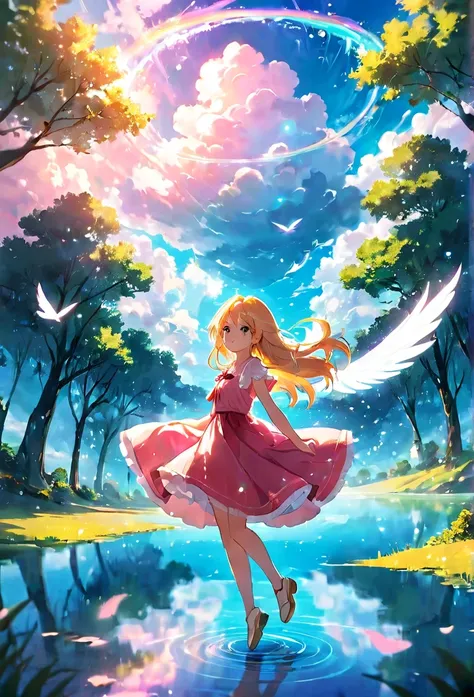 1girl, solo, flying, pink dress, expressionless, blush, clouds, water, long hair with strands of pink, dreamy, dreamy, 1girl flying throughout the clouds, clouds surround her, and it looks dreaming, trees below her, bright, lighting, anime screencapstyle,R...