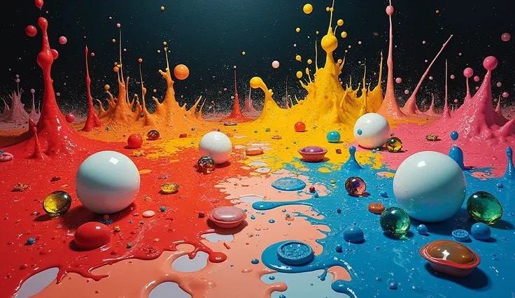  A large amount of red 、yellow、 blue and gold paint spills over the full screen 、 Mysterious art with colorful jewels and white porcelain spheres popping out、The background is a dark night sky,  pastel colors、Wide Aspect 