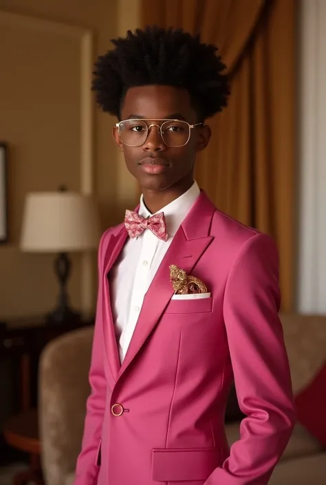 Brown boy with curly hair who wears glasses dressed for his debutante party with his pink dress 