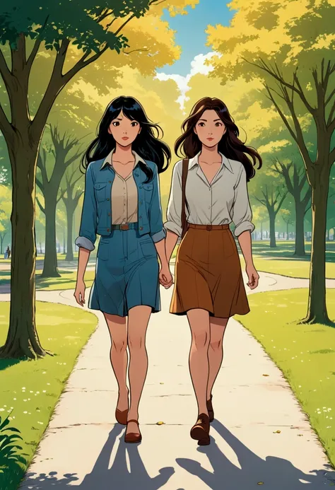 An idyllic comic-style image of two beautiful young women very much in love, an Asian woman with long black hair and brown eyes and a British woman with medium-long brown hair and brown eyes, are strolling through a beautiful park on a beautiful sunny afte...