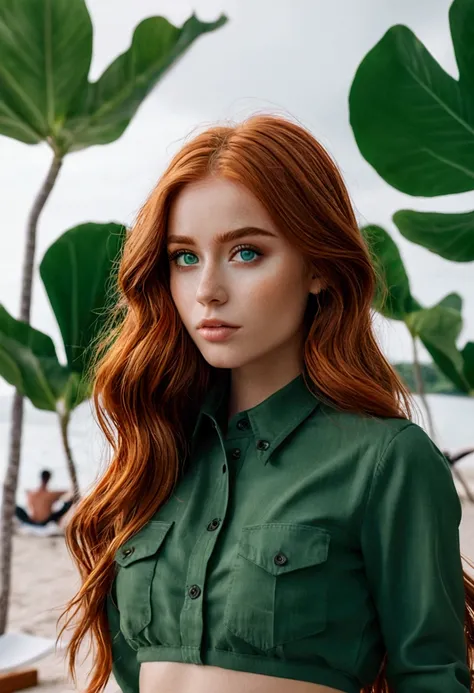 create a super realistic model, Instagram influencer, she reminds me a little of Haily Biebers face and features, she has long red hair that reaches her hips, she has green eyes, she is wearing a dark green bikini on the beach in the Maldives, she is very ...