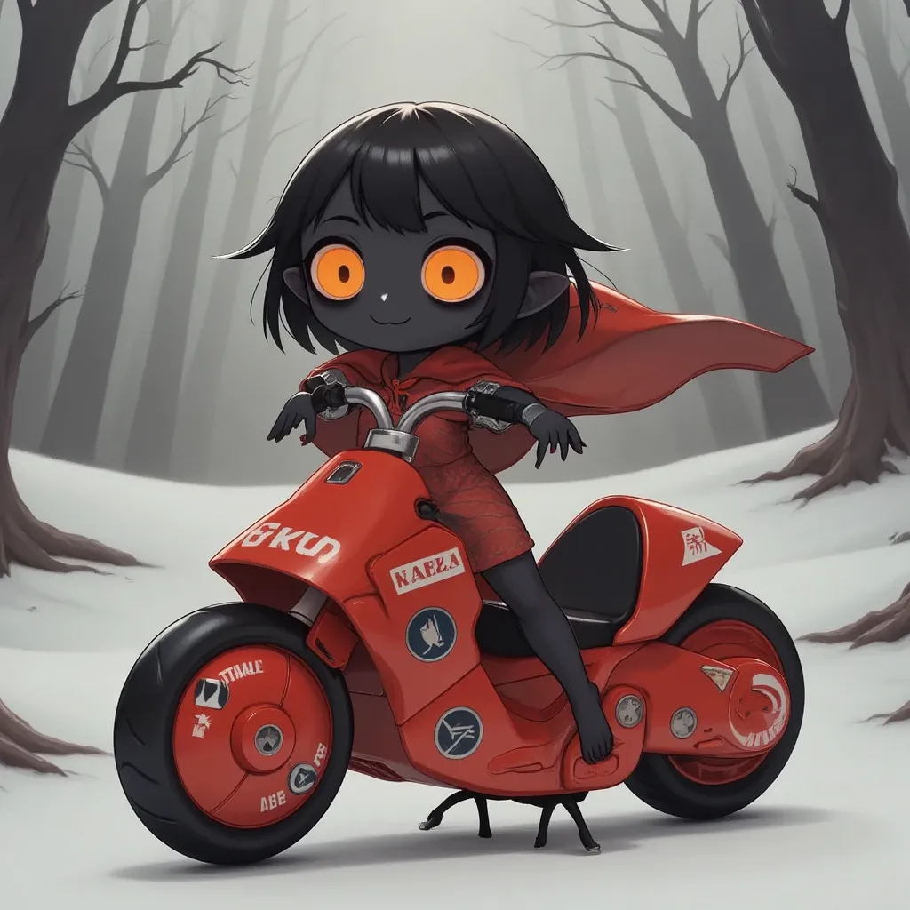 1girl,Sitting,(Akira Bike),Lean back,Put your foot forward,devil,cute,Large scooter,Very low seat,Low vehicle height,One step ahead,Akira Bike,high resolution,masterpiece,high quality, 
(Photorealsitic:1.4),Raw photo,(super realistic details),portlate,Shadow,Beautiful Skin,detailed face and eyes,Glossy lips,female curvy beauty,Striking contrast,8K,ultrasharp,Akira Bike Red,cycling