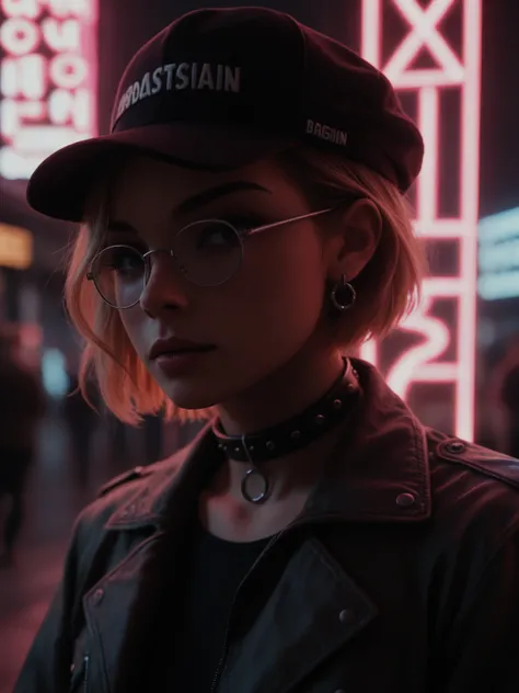 Close-up do rosto, Alternative girl, Looking over eyeglasses, jacket, collar,  neon light reflections on the skin, earring, makeup,  skin imperfections ,  short hair, hat, neon light background , low light,  depth of field ,  highly detailed , High contras...