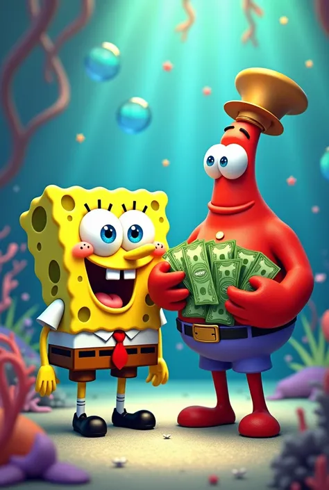 SpongeBob with eyes of love and Don Crab with a lot of money in his hands