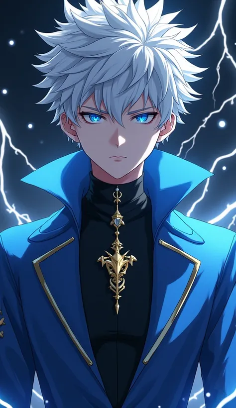  anime character with blue eyes and white hair with lightning, Killua=Zoldyck portrait, Killua=Zoldyck, Nagito Komaeda, Killua=Zoldyck black hair,  ufotable art style,  tall anime man with blue eyes, Fate Grand Order, Killua=Zoldyck made of jewlery