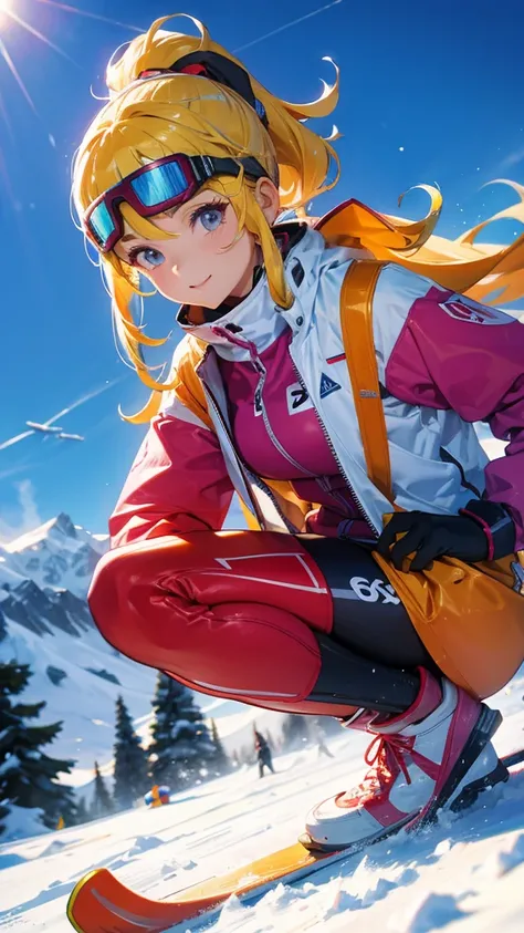 girl enjoying skiing at a ski resort :1.5、REALISTIC SLIDE 、 blonde perm ponytail
colorful ski wear with goggles on the head、Skis、Hold a ski pole 、