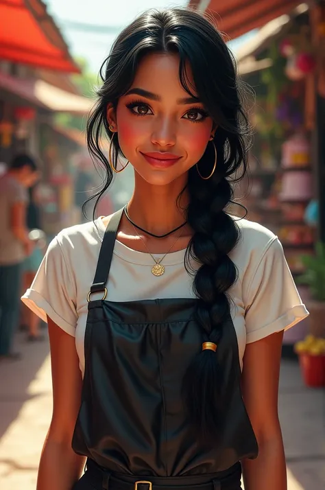 An average Mexican woman, about 25 years old, with brown skin,  bright and expressive black eyes , straight eyelashes ,  red lips, round face, Indigenous traits ,  long shiny black hair styled with a braid and fringe.  Wear a short sleeve white t-shirt ,  ...